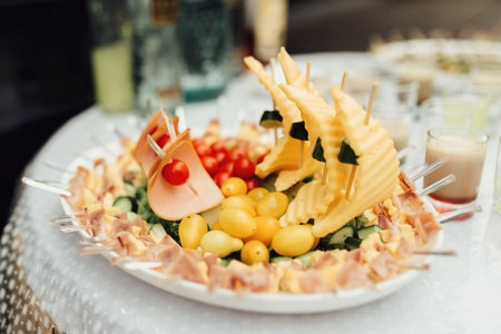 a boat with cheese sails, a plate of delicious on a buffet table