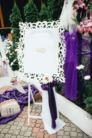 decoration in purple tones lily flowers, wedding decorationの写真素材