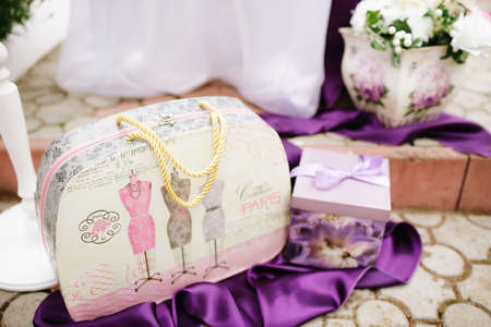 decoration in purple tones lily flowers, wedding decorationの写真素材