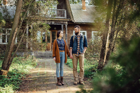 View of a young couple hipster standing near an old house in the forest, a forester's house