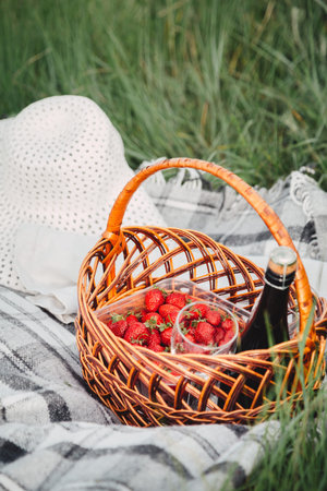 strawberry, wine bottle and glasses for wine in a picnic basket - close-up image