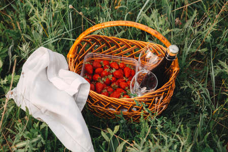 strawberry, wine bottle and glasses for wine in a picnic basket - close-up imageの写真素材