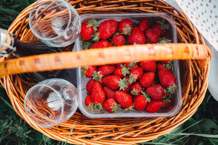 strawberry, wine bottle and glasses for wine in a picnic basket - close-up imageの写真素材