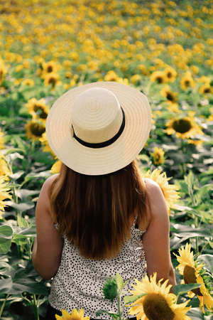 girl with hat, walking on the field of sunflowers, smiling beautiful smile, cheerful girl, style, lifestyle, ideal for advertising and photo the sun is shining bright and juicyの写真素材