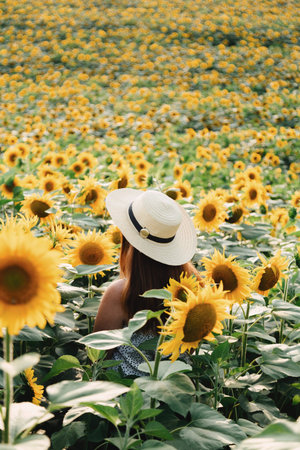 girl with hat, walking on the field of sunflowers, smiling beautiful smile, cheerful girl, style,...