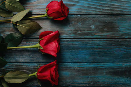 beautiful bouquet of red rose flowers on old blue wooden background, horizontal.の写真素材
