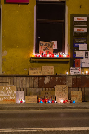StrzyÅ¼Ã³w, Podkarpackie / Poland 10.27.2020 "Candles and boxes with slogans deposited in front of the PiS headquarters during the women's protest against the Constitutional Tribunal's ruling on abortion"のeditorial素材
