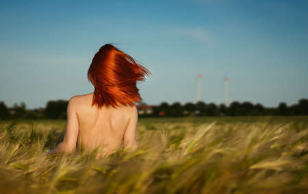 Red-haired topless girl stands in a grain field with her back turned away. Hair is blown by the wind. In the background the blue sky.の写真素材