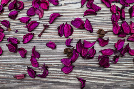 Rose Petals Border on a wooden tableの写真素材