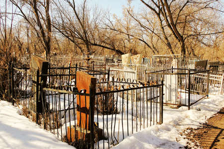 An old rural cemetery overgrown with trees in early spring .の写真素材