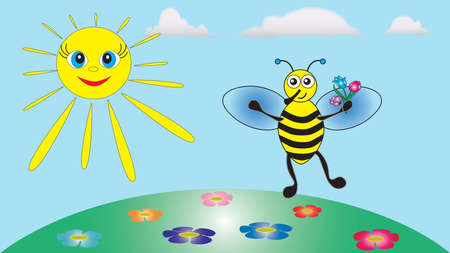 A merry bee keeps a bouquet of flowers in his paws on a summer day.のイラスト素材