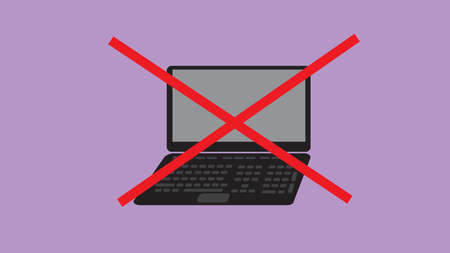 Sign symbol crossed with red stripes laptop isolated on purple background.のイラスト素材