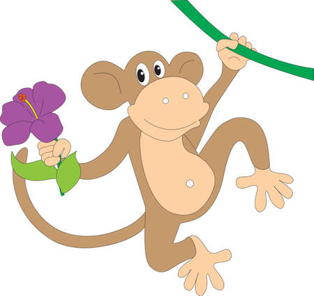 Cheerful monkey with a bouquet of flowers isolated on white background.のイラスト素材