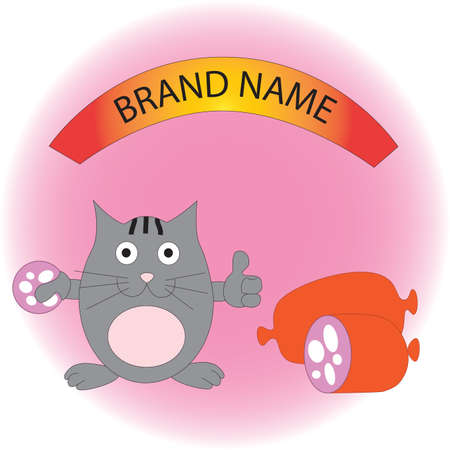 Pleased funny cat with sausage. Logo for sausages and sausage products.のイラスト素材