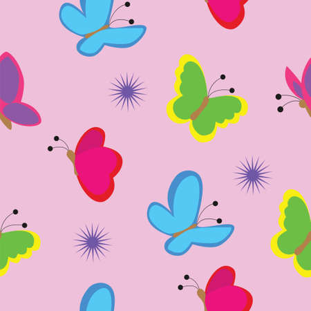 Seamless texture consisting of multi-colored butterflies isolated pink background.のイラスト素材