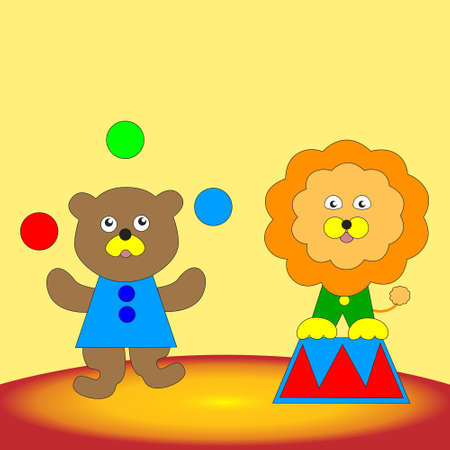 Cartoon funny bear and lion cub perform in the circus. Vector illustration for children.のイラスト素材