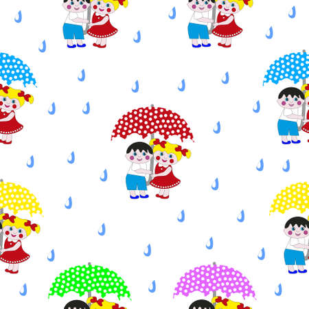 Cute cartoon boy and girl under an umbrella in seamless texture for kids.のイラスト素材