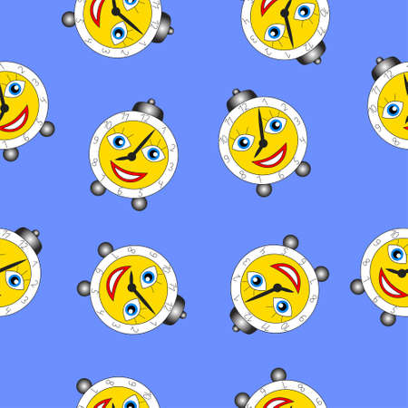 Cartoon cheerful smiling alarm clock. Vector seamless illustration for kids.のイラスト素材