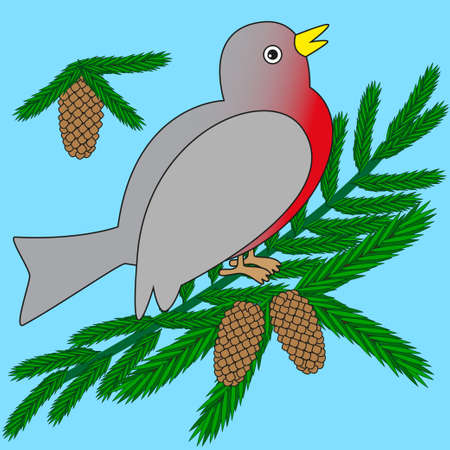 Large bullfinch with scarlet breast sitting on a spruce branch isolated blue background.のイラスト素材