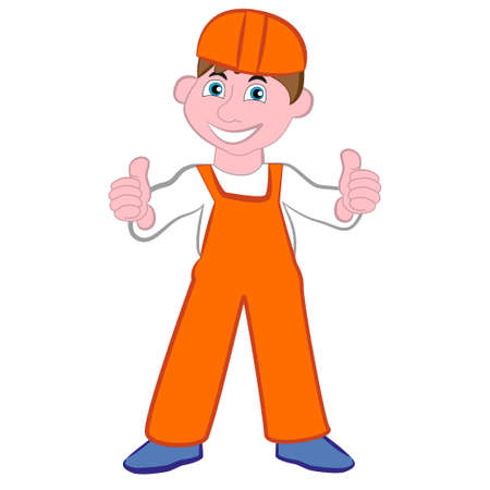 Cheerful guy working in a helmet and dressed in work clothes.のイラスト素材