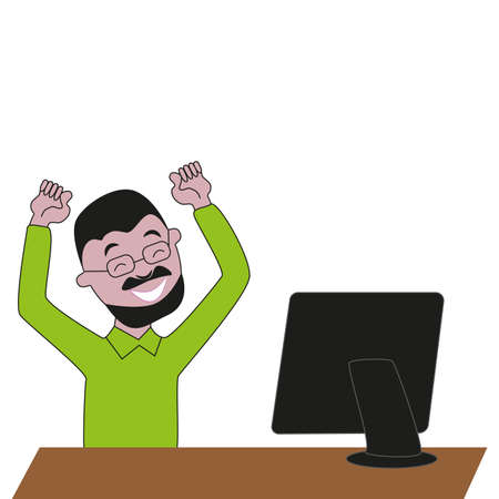 Happy and laughing bearded man with glasses in front of a computer monitor.のイラスト素材