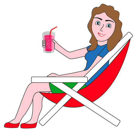 Cute girl resting on a sun lounger and going to drink 
fruit fizzy cocktail.のイラスト素材