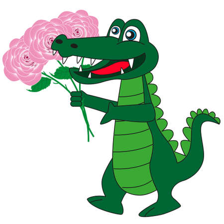 Good cartoon crocodile with a bouquet of beautiful flowers isolated white background.のイラスト素材