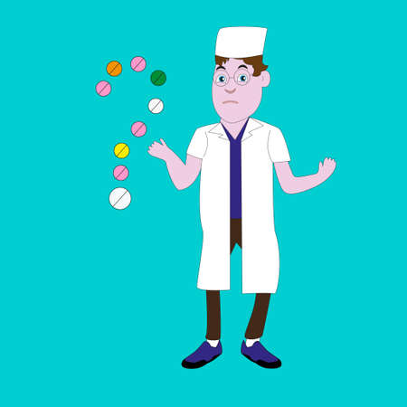 Surprised and perplexed doctor and pills in the form of a question mark symbol.のイラスト素材