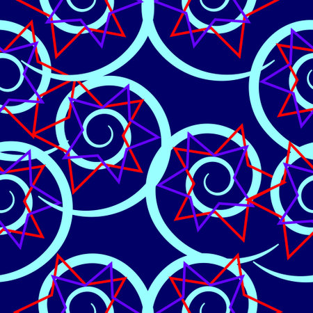 Abstract seamless patterns in the form of a spiral and stars isolated by a blue background.のイラスト素材