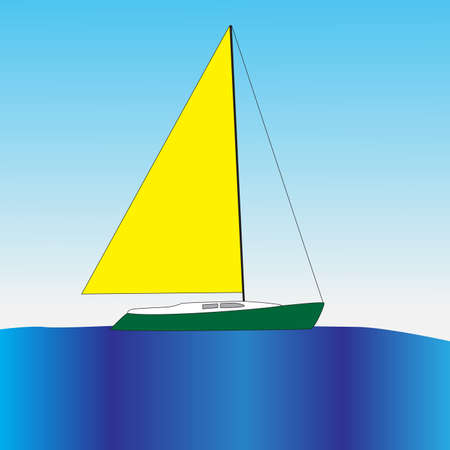 A small yacht with a large sail floats in the ocean.のイラスト素材