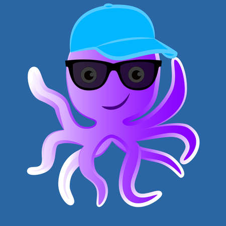 Smiling octopus in sunglasses and cap isolated by blue background.のイラスト素材