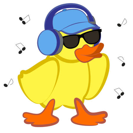 A fashionable duckling in dark sunglasses listens to music with headphones.のイラスト素材