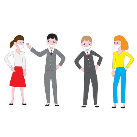 A group of people wearing protective medical masks isolated by a white background.のイラスト素材