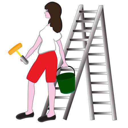 The girl painter is holding a paint roller and a bucket in his hands isolated on a white background.のイラスト素材