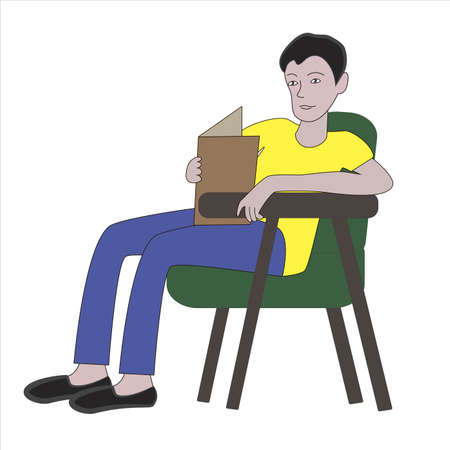 The guy reads a book while sitting in an armchair isolated white background.のイラスト素材