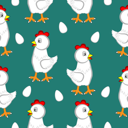 Happy white chicken mom and egg. Vector seamless illustration.のイラスト素材