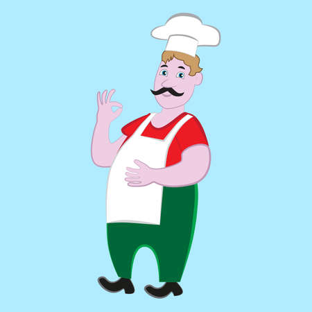 Fat and cheerful mustachioed chef cook isolated blue background.のイラスト素材