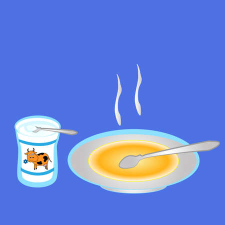 Plate with hot soup and a jar of sour cream isolated on a blue background.のイラスト素材
