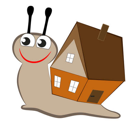 Cartoon smiling snail with a house on its back isolated on white background.のイラスト素材