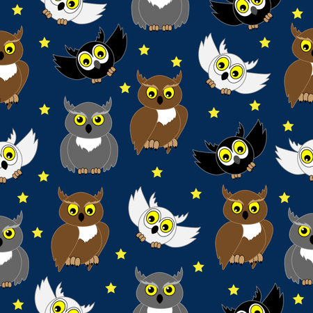 Owls of various colors at night. Vector seamless illustration.のイラスト素材