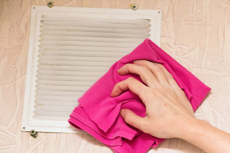 The woman carefully wipes the ventilation grill from dust with a rag.