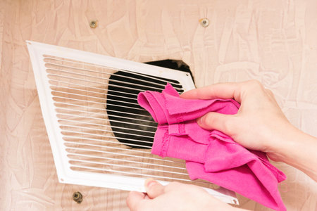 A woman wipes the inside of the ventilation grill from dust and dirt.