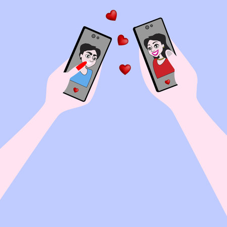 Dating a guy and a girl via the Internet using a smartphone.