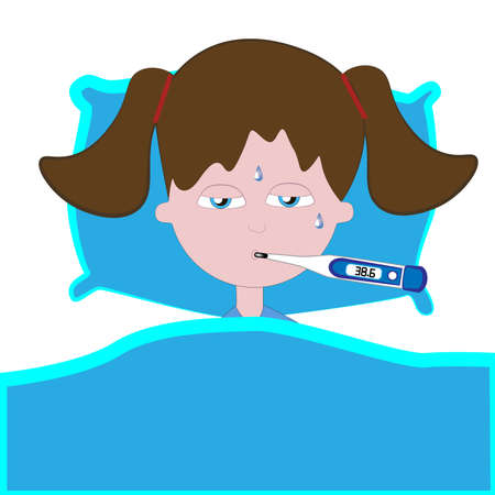 The girl has a cold and lies in bed with a high body temperature.のイラスト素材