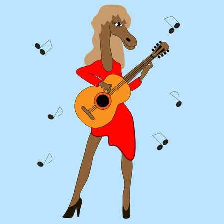 Horse in red dress plays the guitar isolated on blue background.のイラスト素材