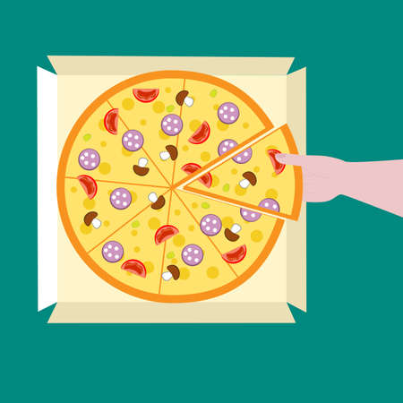 A man takes a slice of pizza from a paper box.のイラスト素材