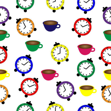 An alarm clock and a cup of coffee. Seamless vector illustration.のイラスト素材