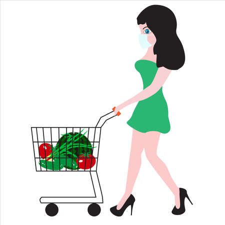 A young girl with a protective medical mask on her face rolls a grocery cart.のイラスト素材