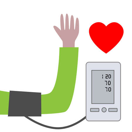 A person measures their blood pressure and heart rate with an electronic tonometer.のイラスト素材