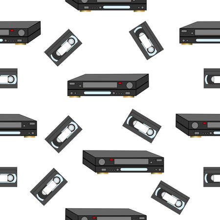 An analog VCR and videotape on a white background. Seamless vector illustration.のイラスト素材